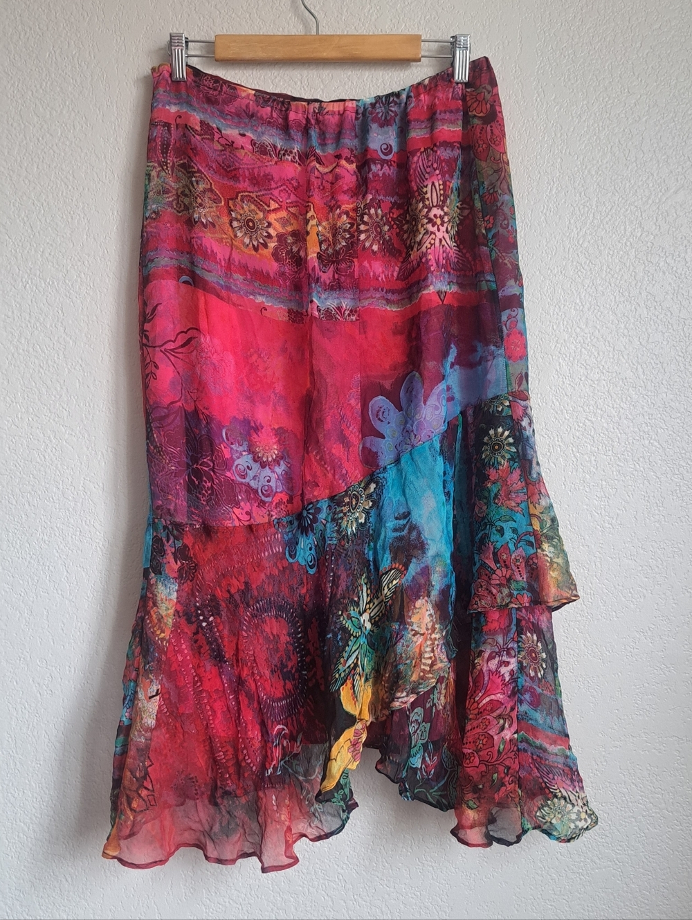 Chicos Silk Y2K Pink Colorful Floral Ruffle Midi Skirt Size Medium